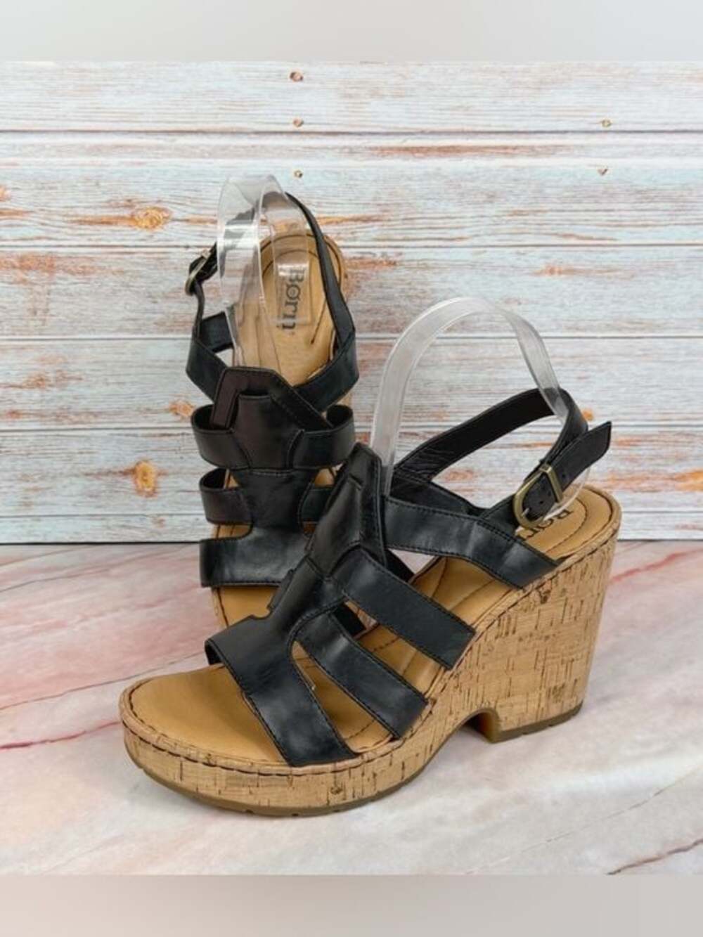 Born Bernese Strappy Cage Open Toe Cork Wedge Sandals Black Leather